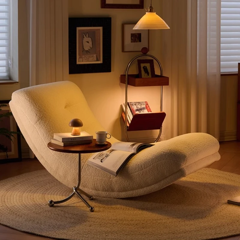 

Cream Wind Lazy Rocking Chair Living Room Bedroom Caterpillar Single Sofa Lamb Wool Comfortable Moon Recliner Living Room Chairs
