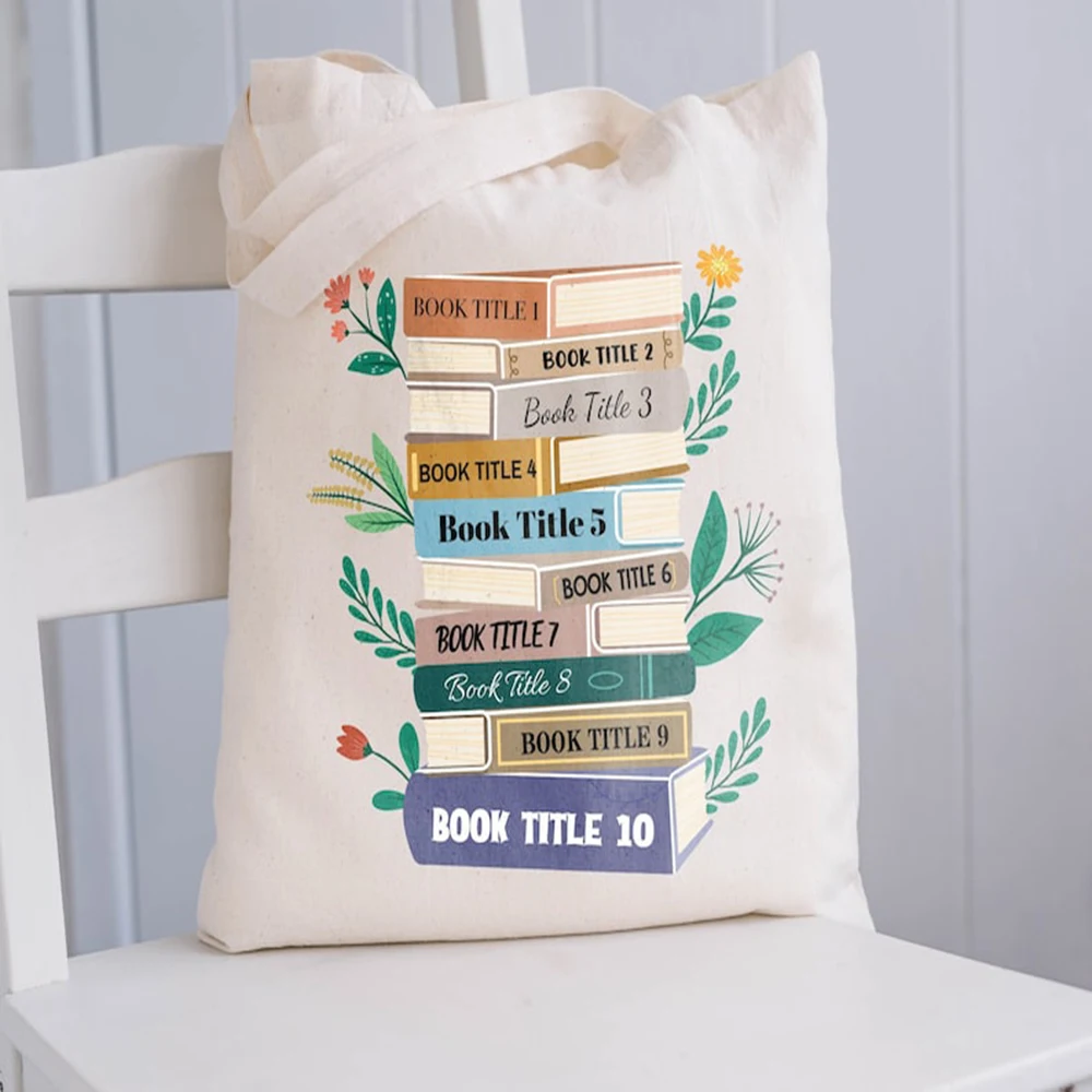 

Personalized Books Tote Bag Custom Book Title Canvas Bag Reader Gift Book Lover Library Shoulder Tote Reusable Book Club Bag