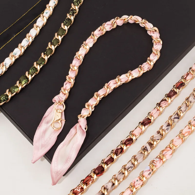 54cm Bag Handle Silk With Metal Chain Women Fashion Handbag Handle Decoration Tie Multi Function Hand Ribbon Purse Bag Straps