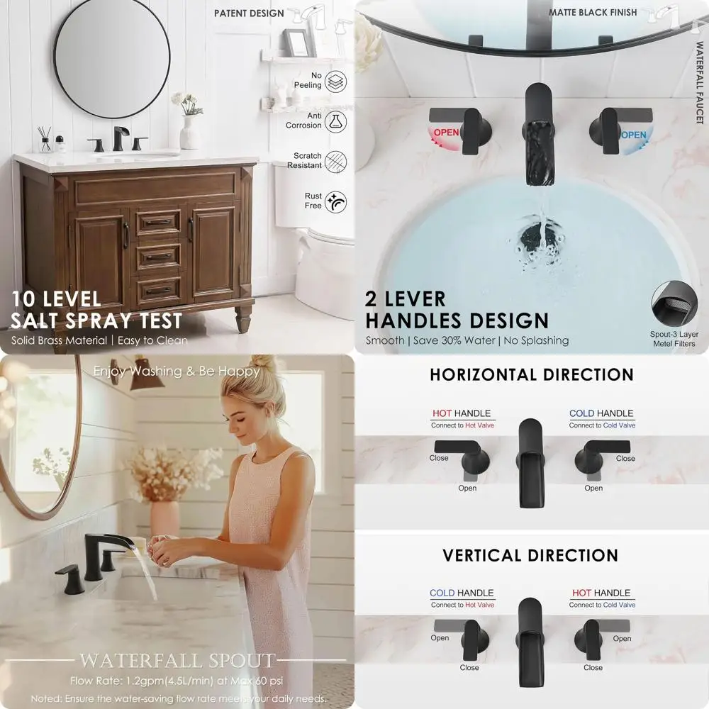 

8 Widespread 3-Hole Matte Black Bathroom Sink Faucet with Pop-Up Drain and Brass Construction