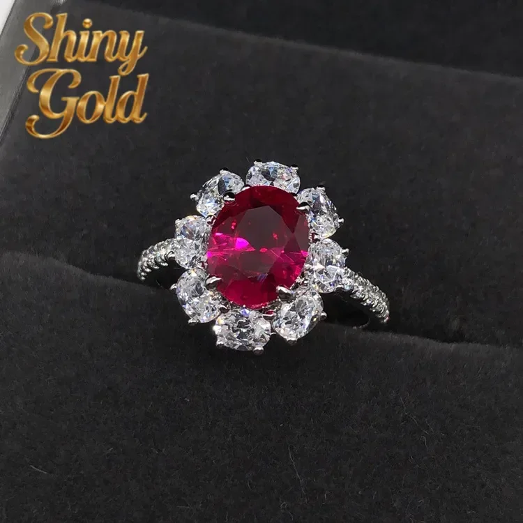 

ShinyGold Luxury Solid Platinum PT950 Egg Shaped 2 Carat Pigeon Blood Ruby/Blue Diamond Ring 14K Gold Court Style Luxury