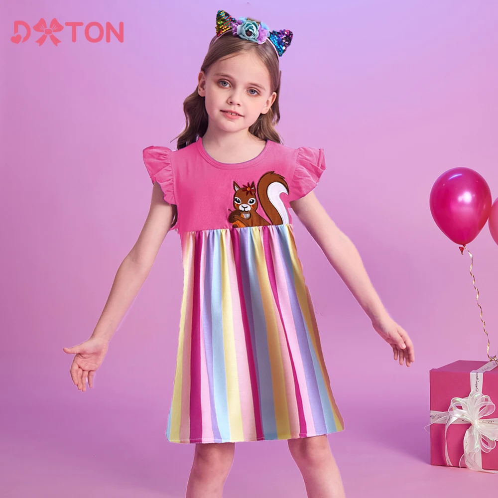 

DXTON Cotton Children's Clothing Summer Toddler Causal Dresses Flying Sleeve Kids Vestidos Squirrel Applique Striped Girls Dress