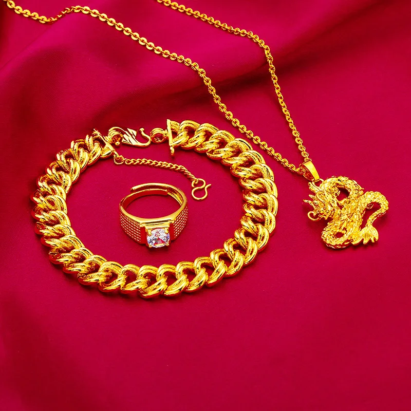 

AU999 24K Gold Men's Dragon Set - Polished Dragon Pendant + Matte Wide Bracelet, Micro-Diamond Ring Head