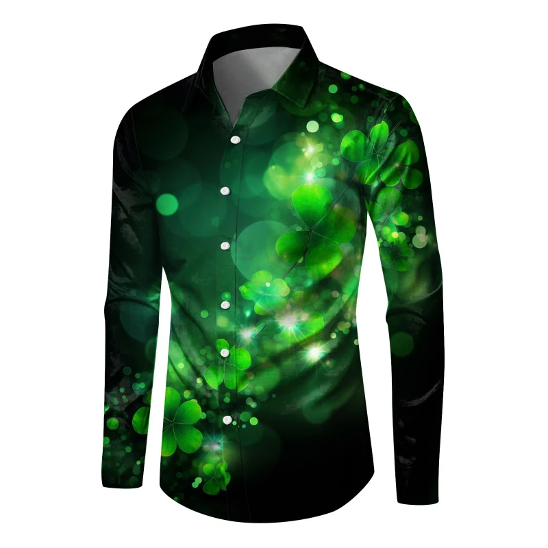 Fashion Men St. Patrick's Day Long Sleeve Shirts 3D Print Green Clover Graphic Hawaiian Shirts Women Clothing Casual Fashion Top