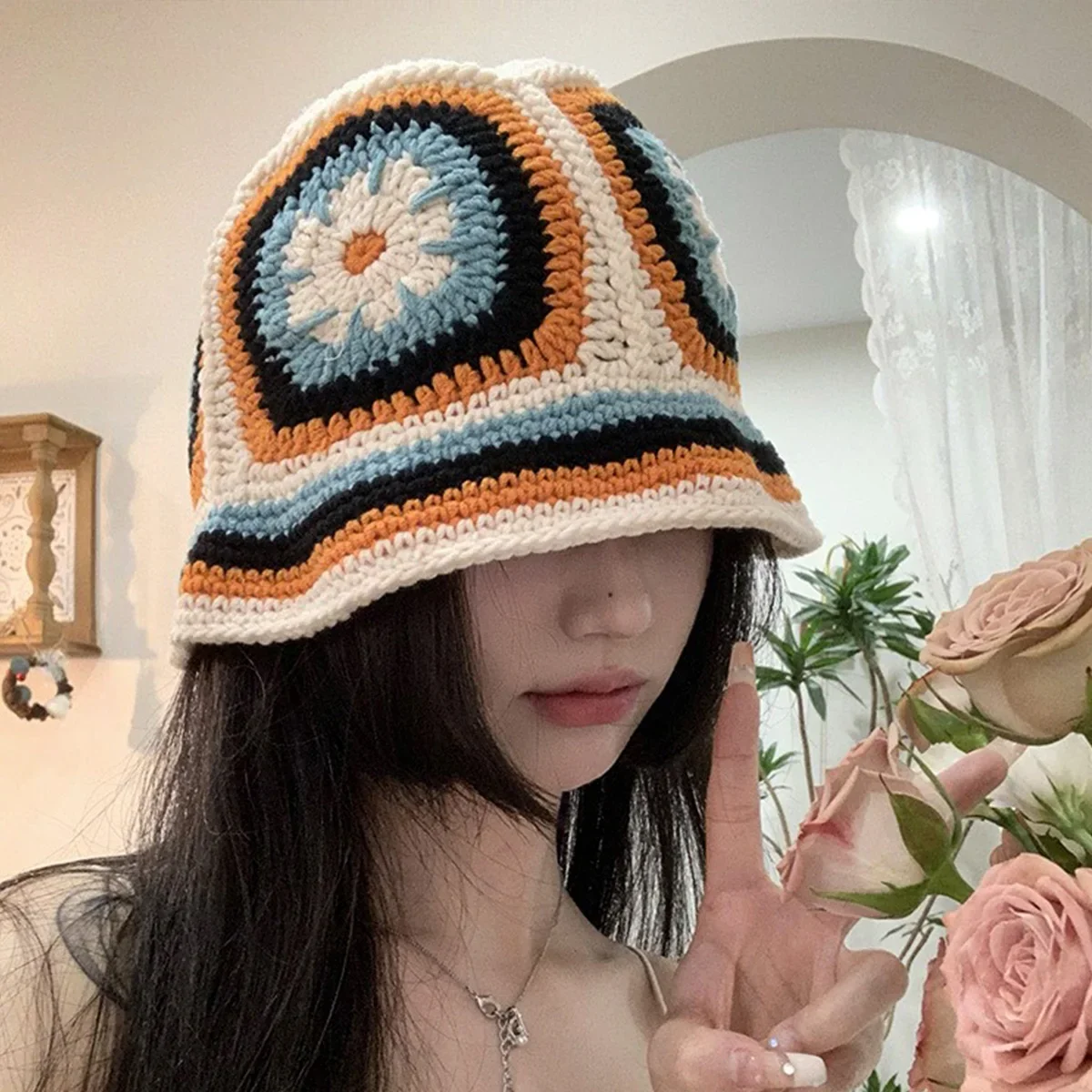 Women Muticolor Crochet Korean Handmade Bucket Hat Women Weaving Knitted Hat Y2k Fashion Flowers Autumn Winter Beanies Basin Cap