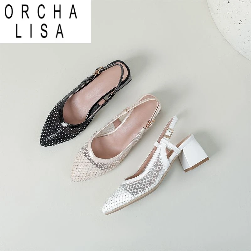 

ORCHA LISA 2025 Fashion Soft Summer Lady Sandals Pointed Toe Block Heels 5.5cm Buckle Strap Large Size 42 43 Leisure Daily Shoes