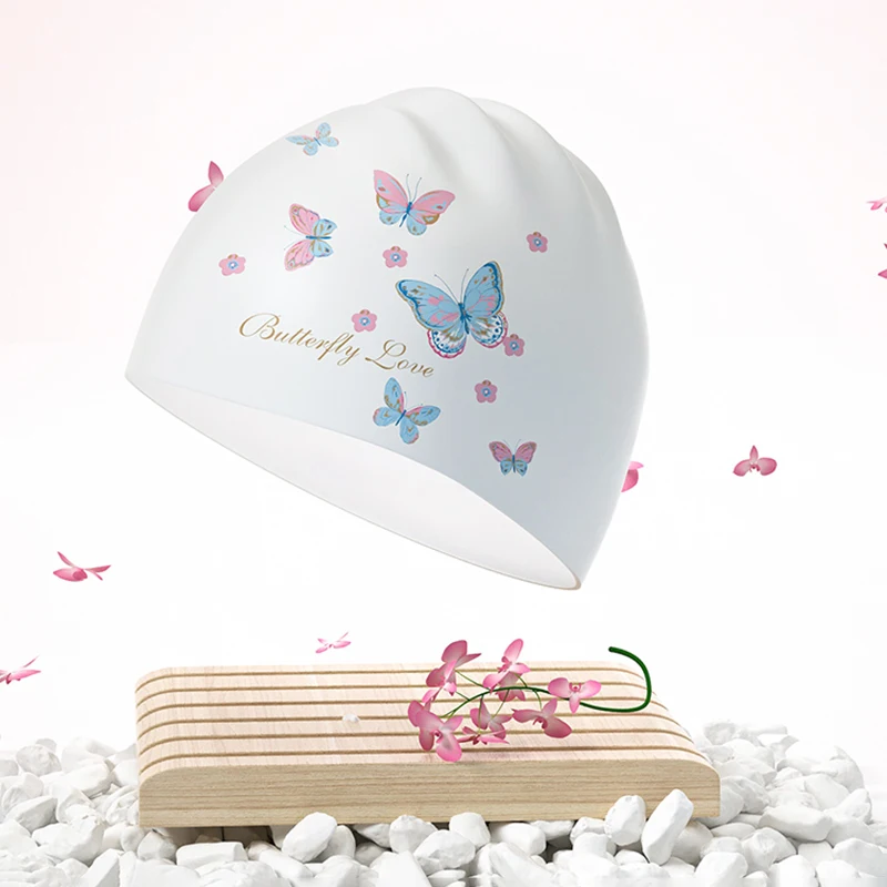 1Pcs Fashionable new adult unisex silicone swimming cap in one size fits all with cherry blossom and butterfly prints waterproof