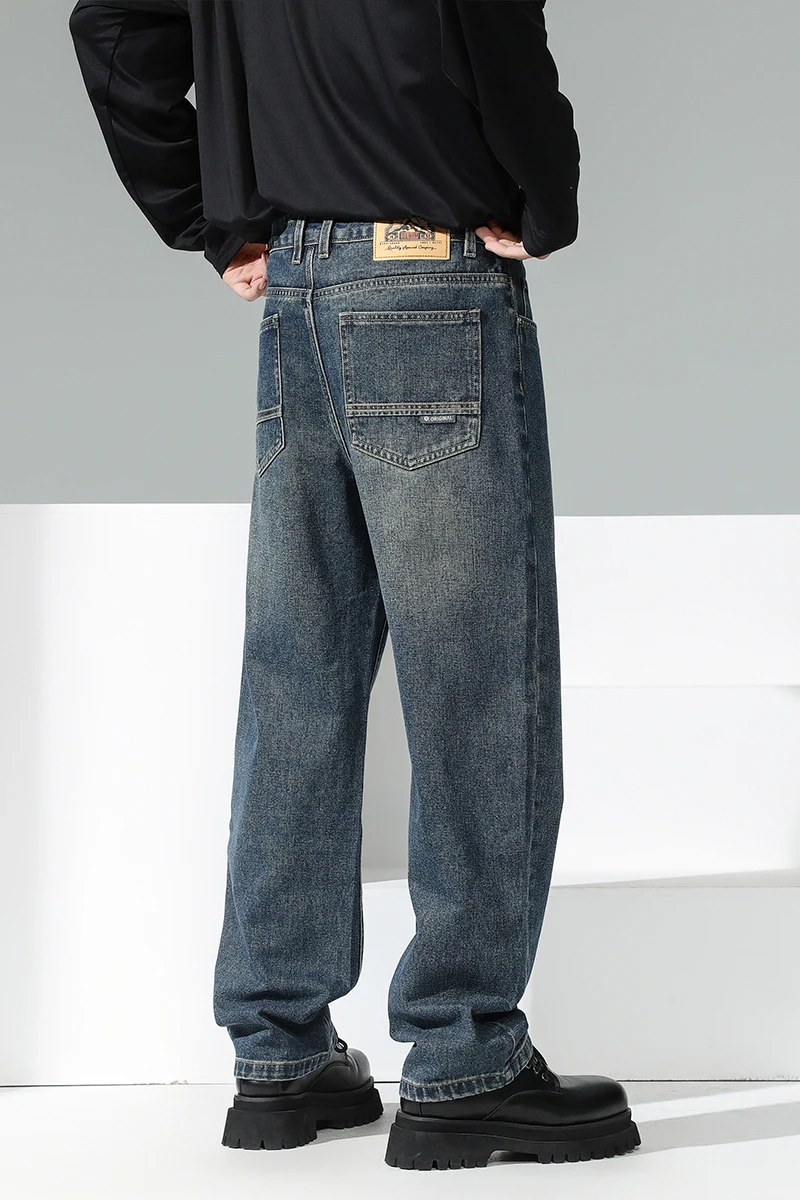 

Youth Stylish Loose Fit Denim Pants Spring Retro Blue Wide Leg Jeans Soft Cotton Mid Waist Design for Daily Comfort & Durability