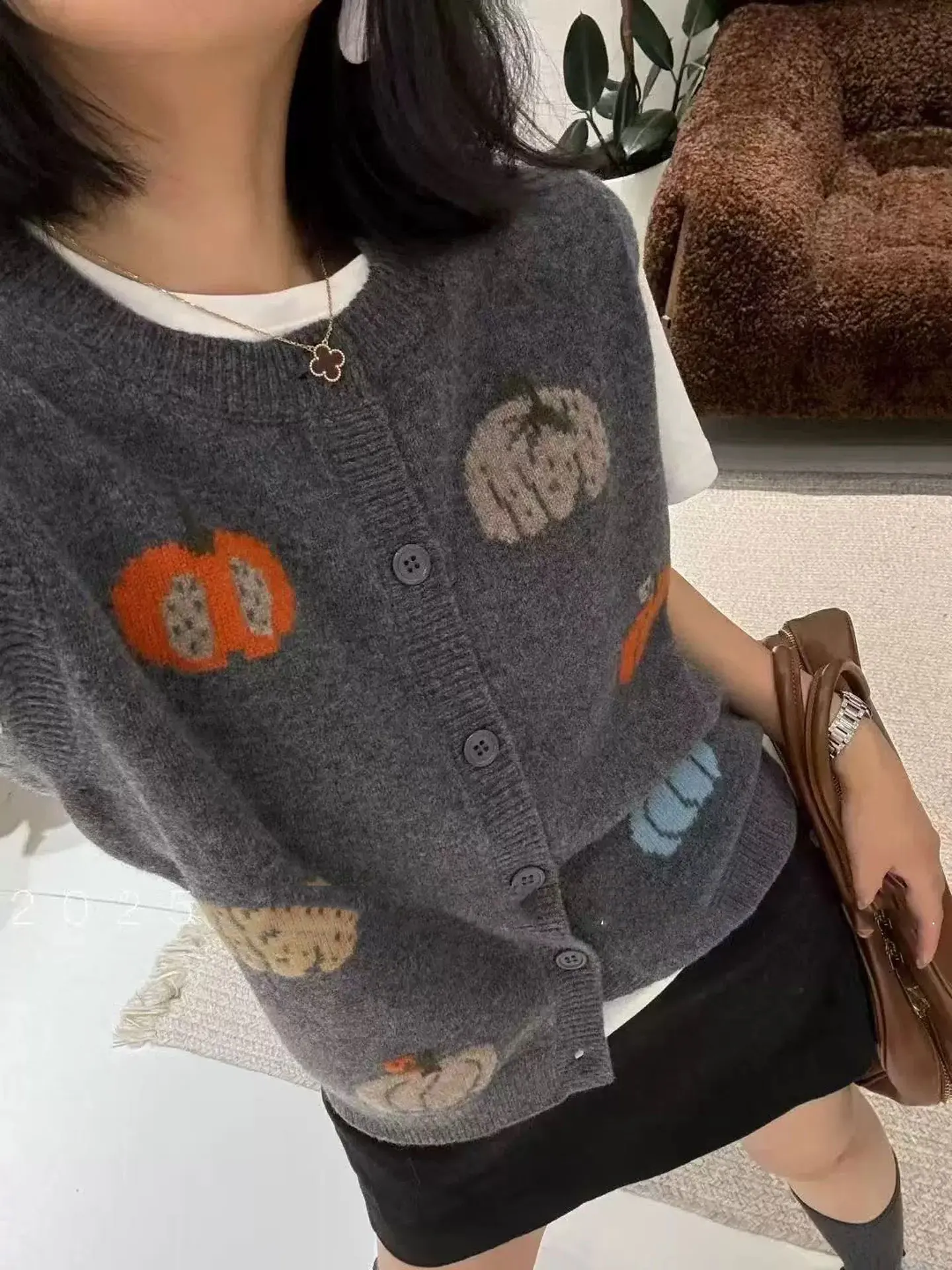 Outono abóbora jacquard cardigan colete feminino suéter de caxemira pura colete de malha de alta qualidade.