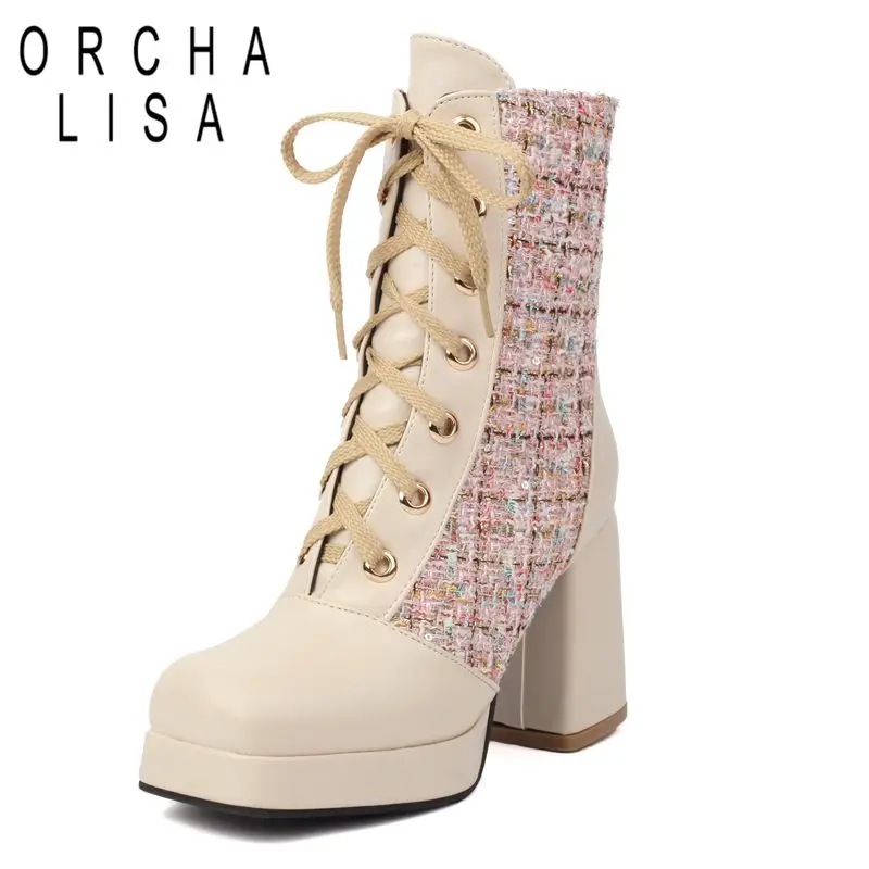 

ORCHALISA 2024 Новые ботильоны с квадратным носком на блочном каблуке 9 см, платформа с застежкой-молнией, кружево, разноцветные, большие размеры 46 47 Fashion Bota