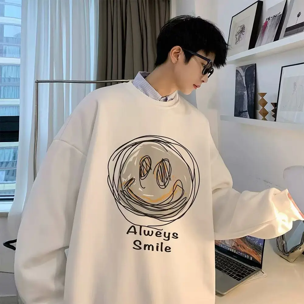 인스 트렌디 홍콩 스타일 빈티지 루즈핏 라운드넥 맨투맨, 그래피티 웃는 얼굴 프린트 캐주얼 플러스 사이즈, 긴팔
