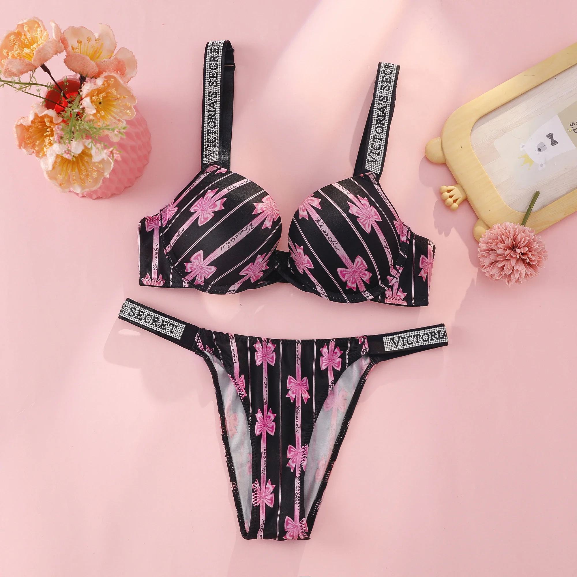 Victoria s Secret Push Up Bra And Panties Set For Women Rhinestone Logo Shoulder Straps Lace Underwear Sexy Lingerie Set view 5