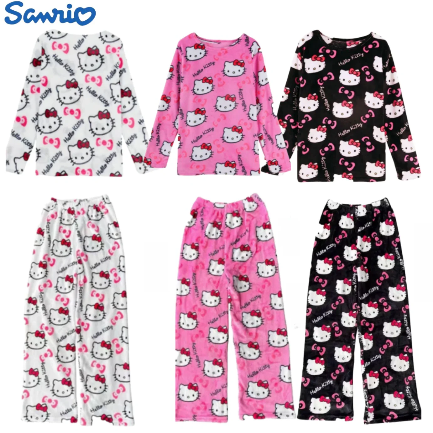 Hot Hello Kitty Flannel Pajamas Set Women'S Warm Woolen Cartoon Casual Home Pants Jacket Fall Winter Thermal Underwear