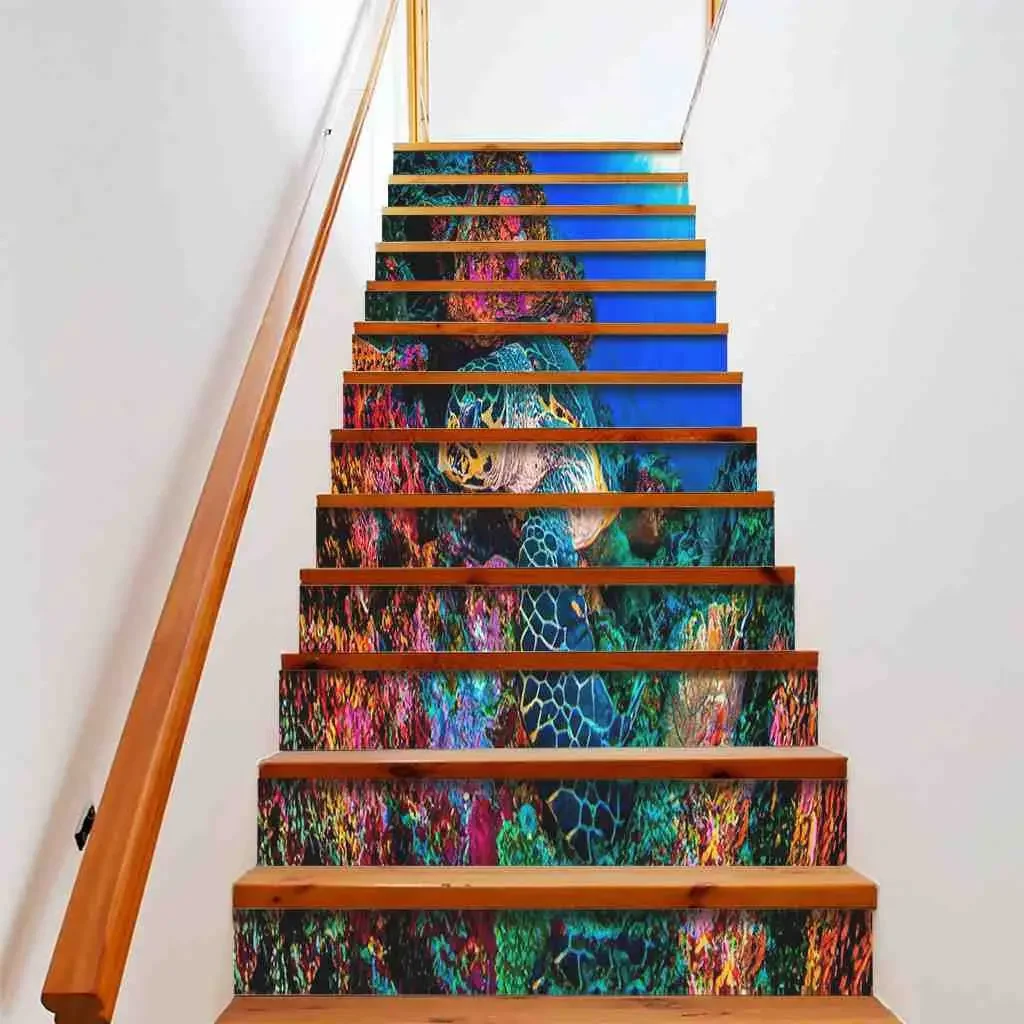 Sea Turtle Blue Sea Stair Stickers Lovely Ocean Animal Staircase Sticker Decals Marine Life Stairs Risers Stairway Decor Murals