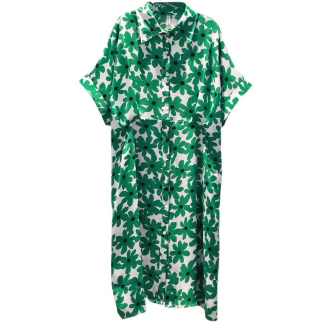 SuperAen-Vestido floral feminino com gola flip, estilo de cintura alta, tamanho solto, retrô, verão, novo, 2024