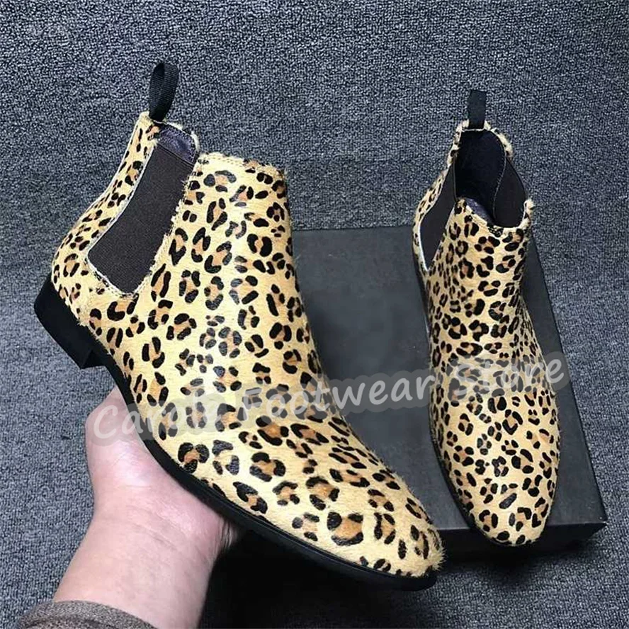 Fashion Leopard Print Pointed Toe Ankle Boots for Men British Style High Top Chunky Heel Chelsea Boots Male Slip-On Short Boots