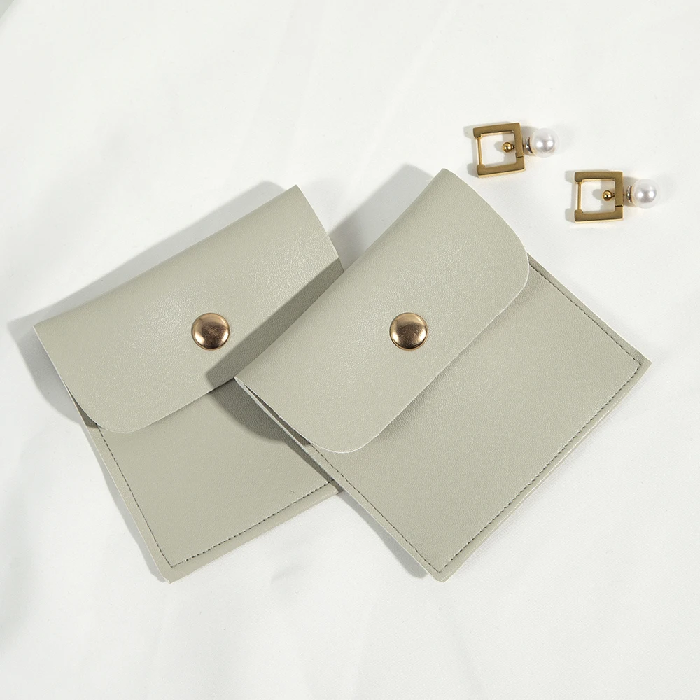 5Pcs Exquisite Grey PU Leather Snap Bags with Gold Buttons Practical Storage Pouches for Rings Earrings Necklaces Cosmetics