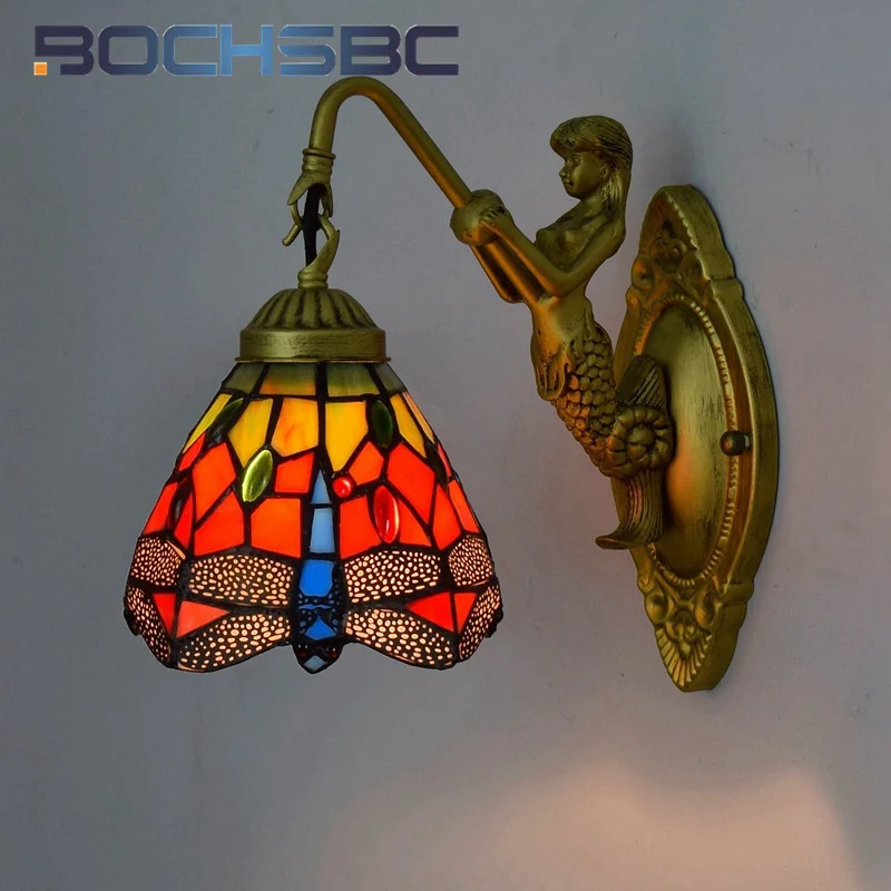 

BOCHSBC Tiffany style stained glass vintage red dragonfly mermaid wall lamp Dining room bedroom bed aisle balcony LED decor