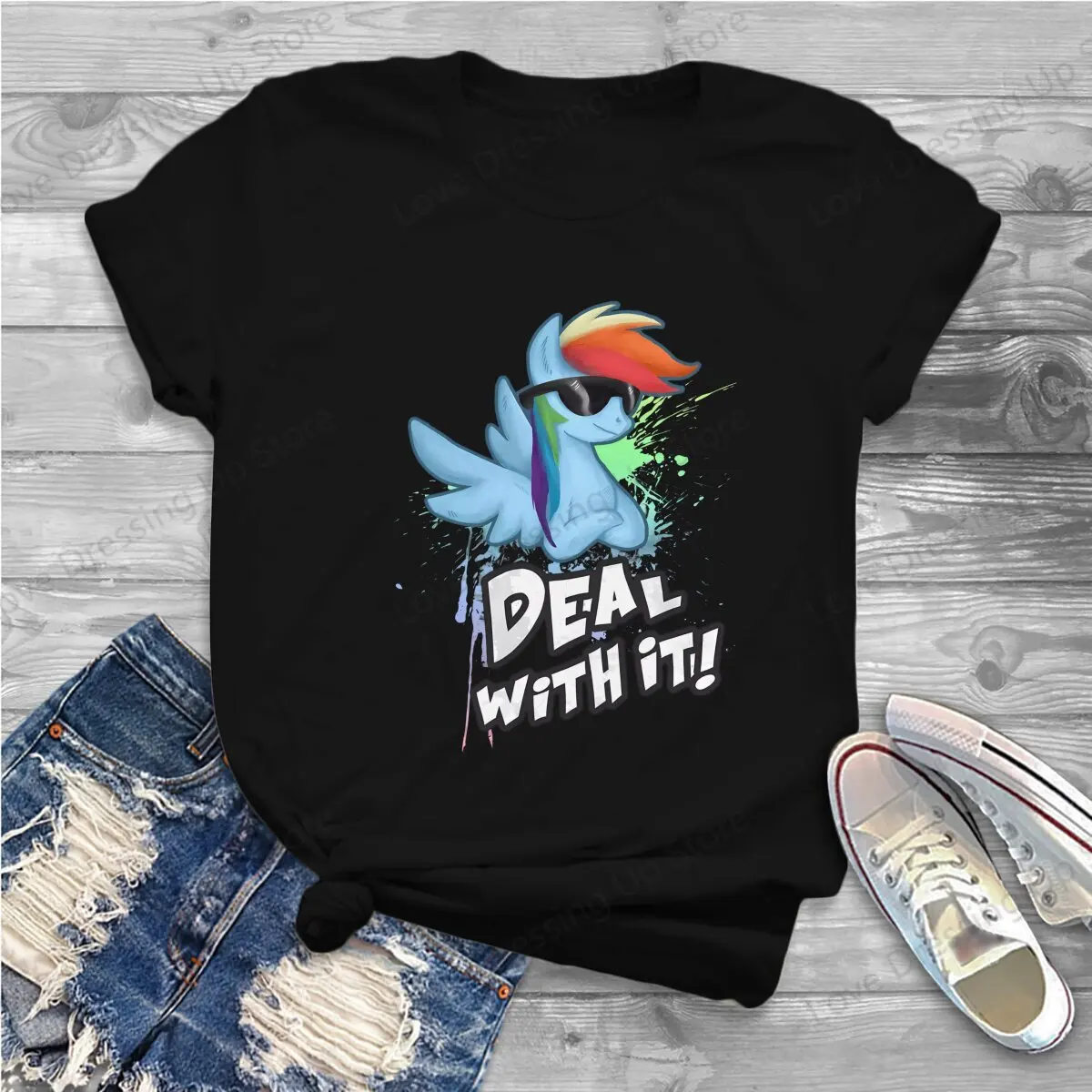 Rainbow Dash - Deal With It Vintage O Neck Woman TShirt Mlp Harajuku Casual Short Sleeve Polyester T-Shirt Special