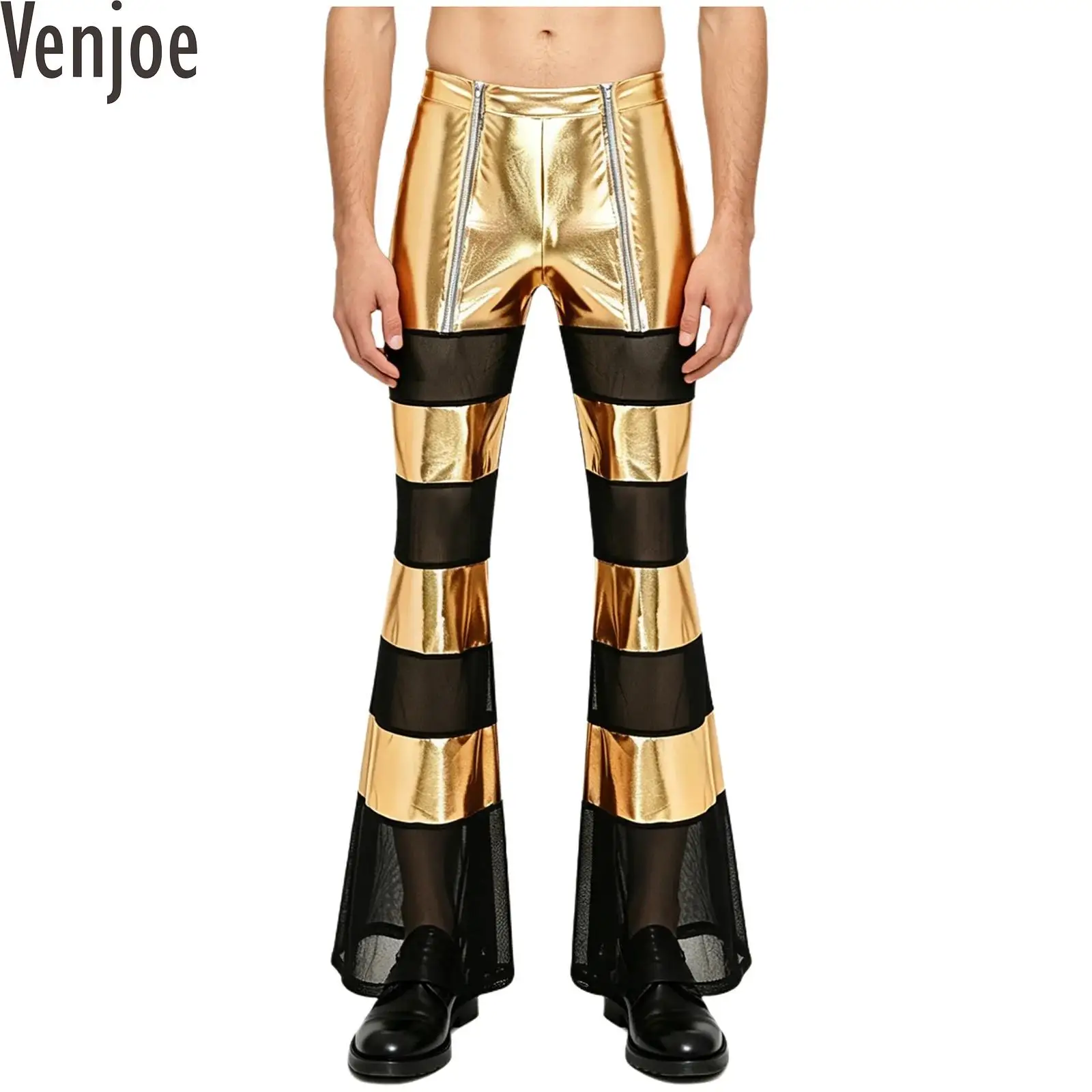 

Mens Holographic Bell Bottoms Retro 70s 8s Disco Flared Pants Sheer Panel Metallic Shiny Trousers Rave Festival Club Pants
