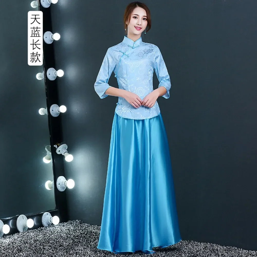 Retro dwuczęściowy damski top spódnica garnitur Casual chiński garnitur modny i elegancki styl etniczny kostium sceniczny nowość