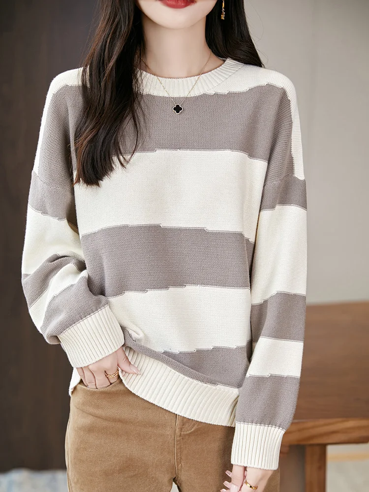 

Women's Loose Fit Cotton Knitwear round Ne Striped Sweater Comfortable Soft Pure Cotton Long Sve Casual Sle Top