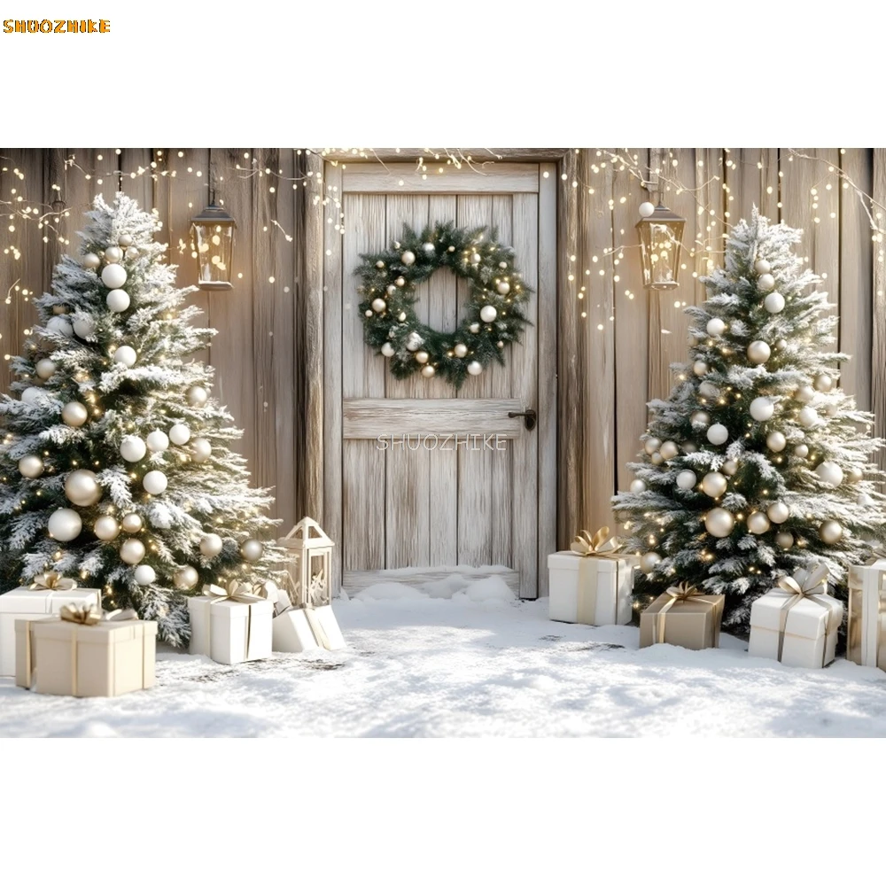 White Christmas Fireplace Background Photography Winter Wood Window Xmas Tree Gift Portrait Backdrop Party Decor Photo Studio