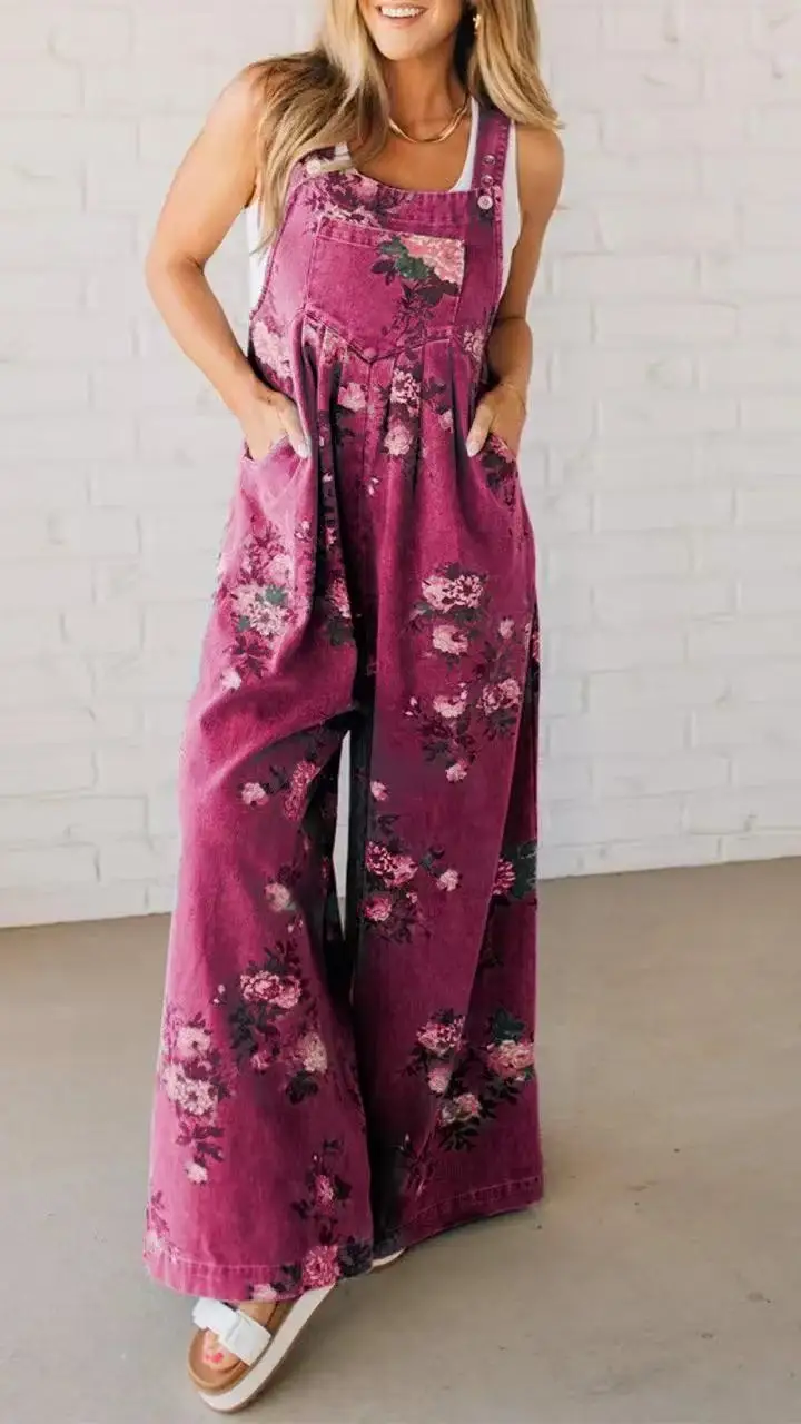 2025 ฤดูร้อนสไตล์ใหม่ลําลองผู้หญิง Overalls แฟชั่นดอกไม้พิมพ์สแควร์คอกระเป๋าหลวมสลิงกางเกง Holiday Party