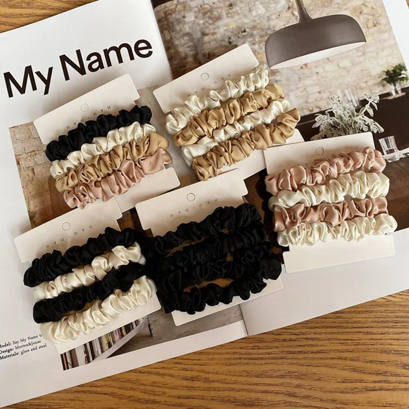 

4PCS/Set Satin Silk Scrunchies Elastic Hair Bands Women Small Solid Ponytail Holder Hair Tie Rubber Bands Girls Hair Accessories