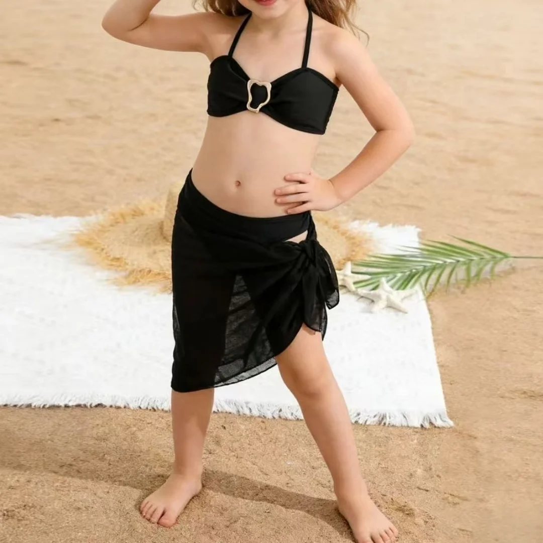 

New Girls' Teen Summer Beach Swimwear With Tulle Skirt Bikini 3pcs Set Swimsuit For Teenager Girls Black Bathing Suit For 8-12Y