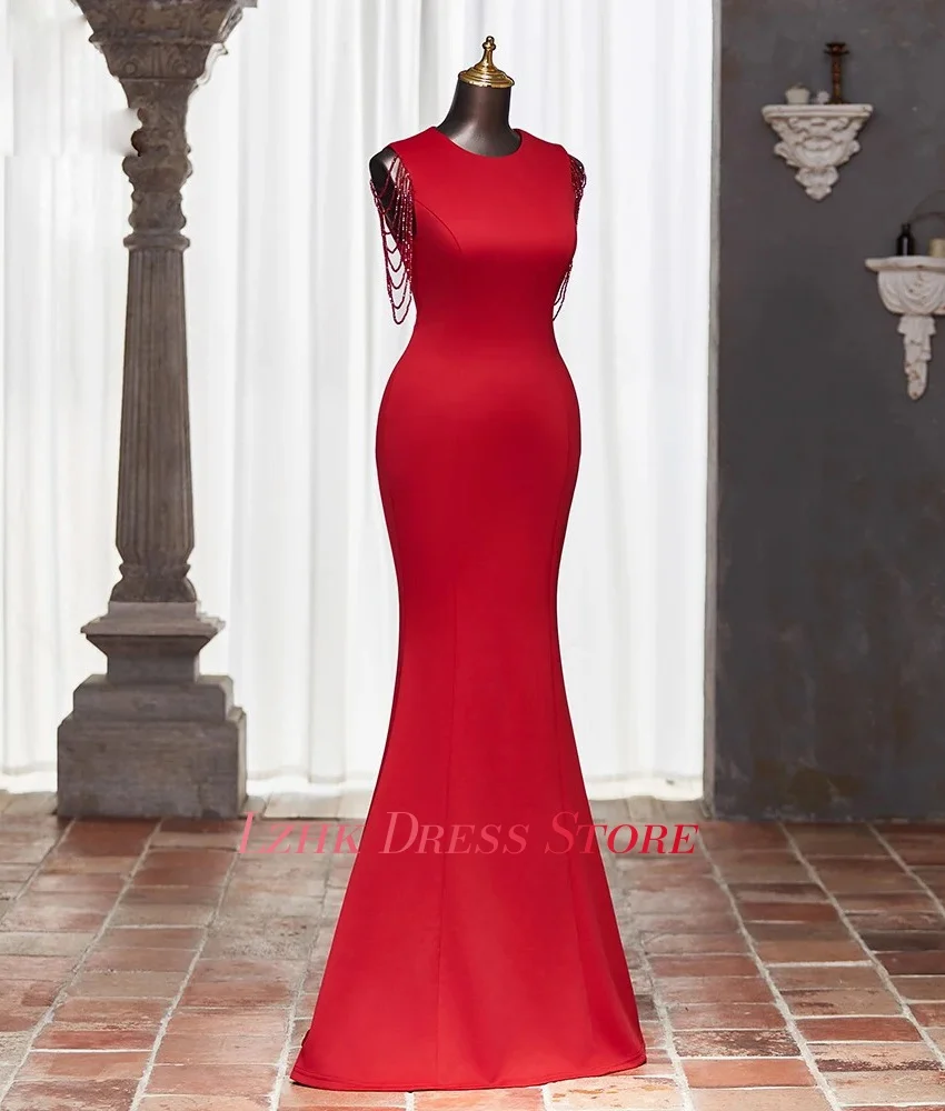 Robe de soirée sirène en Satin, personnalisée, gracieuse, perles, tempérament, sans manches, col rond, longueur au sol