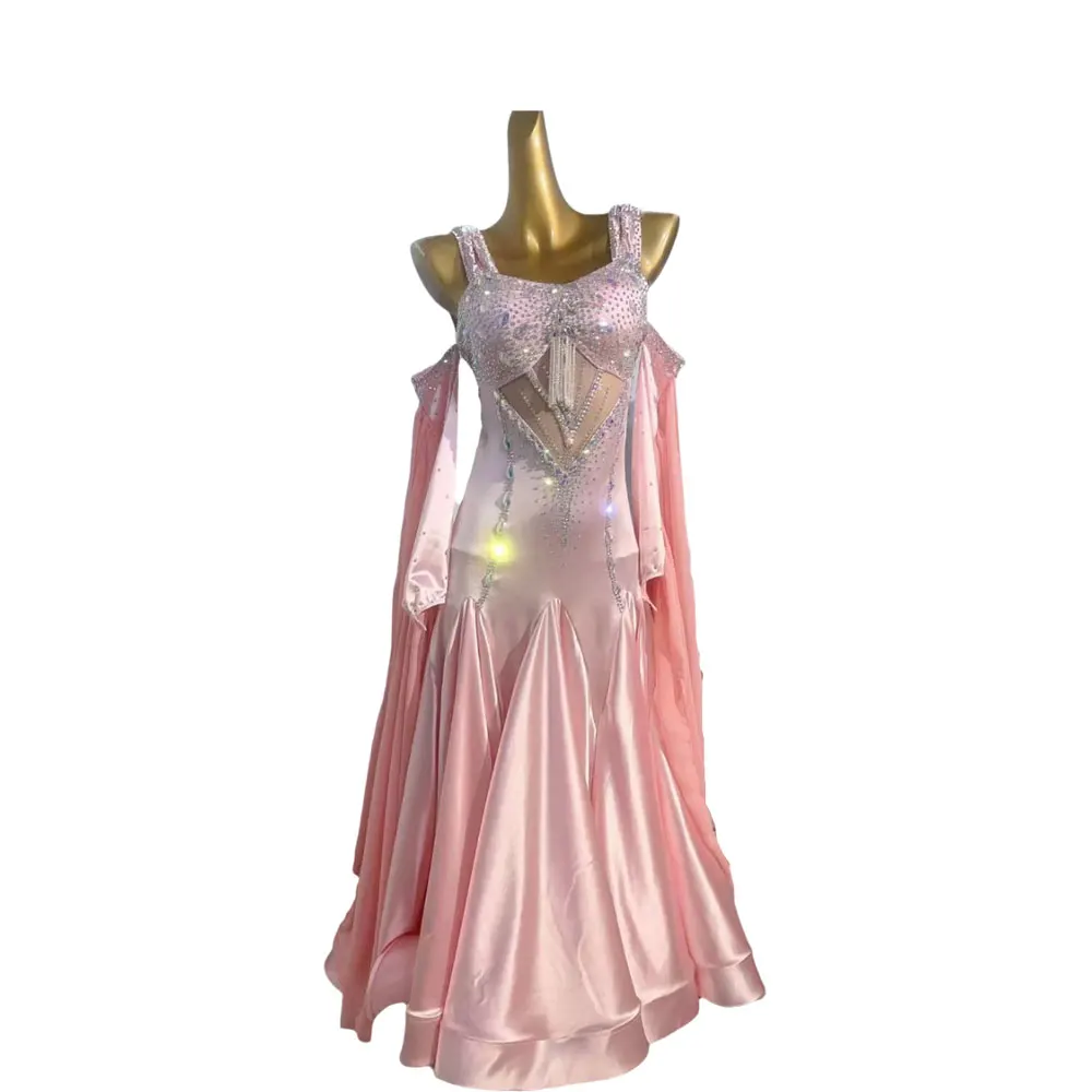 

Latin Dance Rhinestone Women's High-end Custom Pink Modern Sleeveless Large Skirt Tango Samba Performance Dress