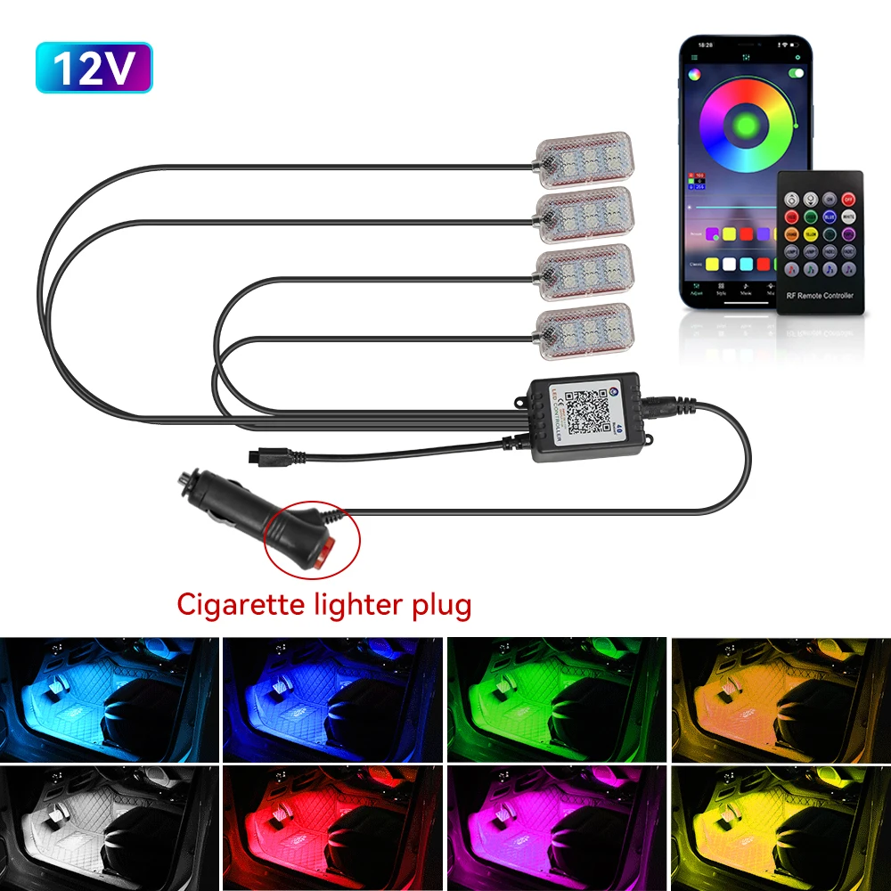 Neon Dual-Control LED Auto-Innenraum-Ambiente-Fußraumbeleuchtung mit USB, kabelloser Fernbedienung, Musik-App-Steuerung, Auto-Atmosphäre-Dekorationslampe