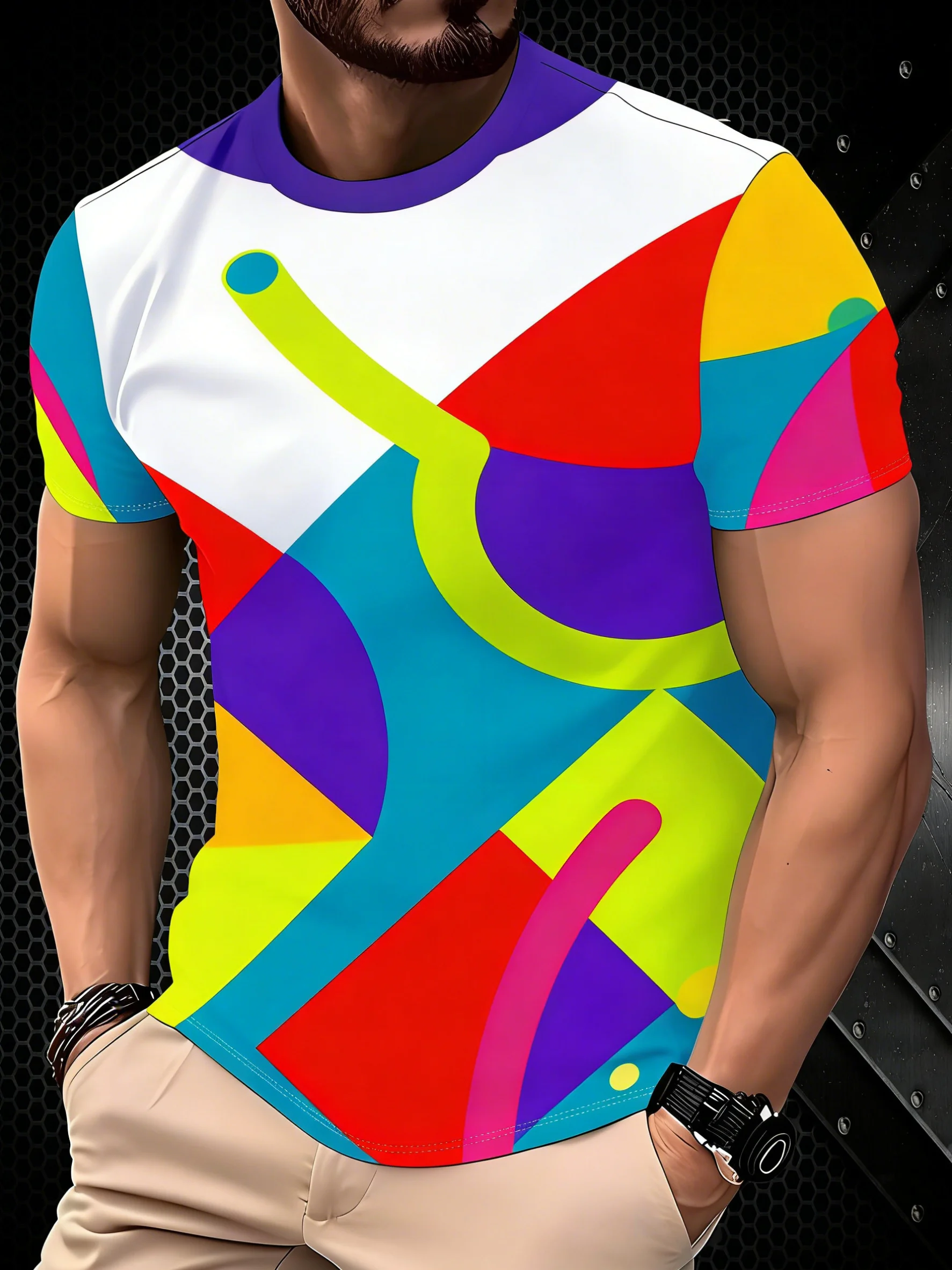 New men's short-sleeve T-shirt, loose-fitting and tailored with printed designs, versatile basic crew-neck top suitable for spri