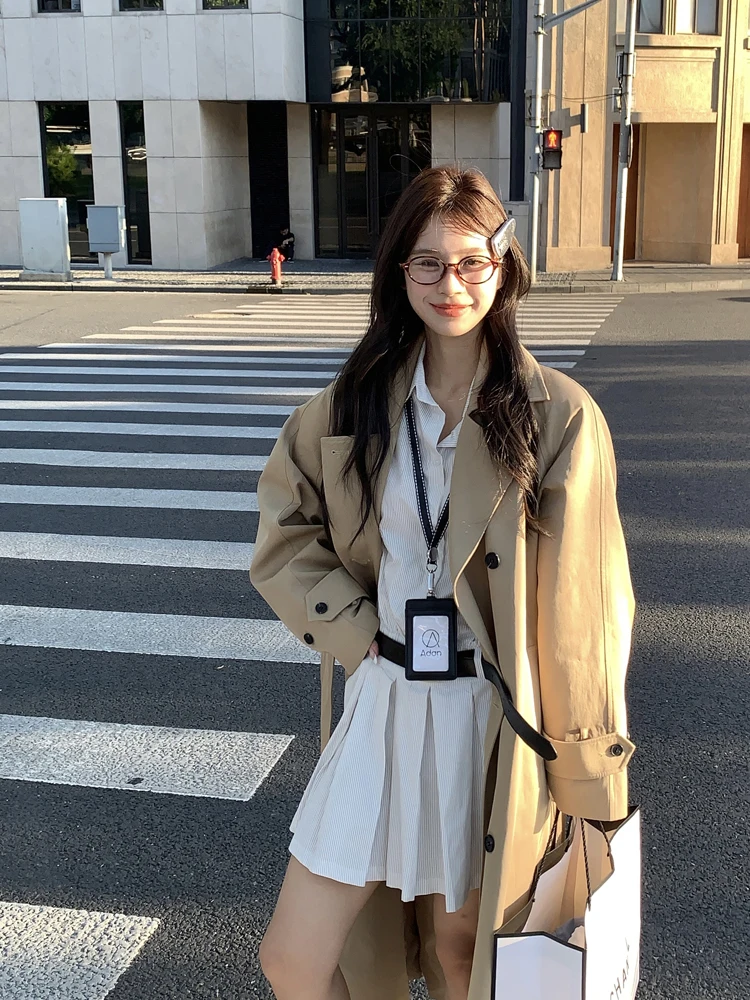 

Adan Berlin Sle Long Coat Spring Autumn Khaki Color Commute Friendly Women's Jaet Collar Double Button Cotton Blend