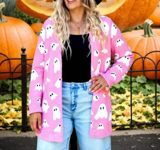 

Winter 2025 Halloween Embroidery Medium Long Knitted Cardigan for Women, Fashionable and Cute Girl Style Loose Knitted Jacket