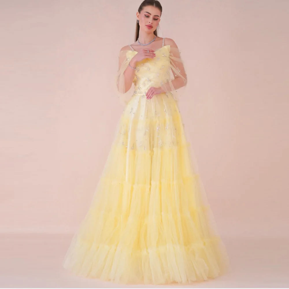 

Customized Yellow Tulle Evening Dresses Elegant V-Neck Off the Shoulder Homecoming Dresses High Quality Prom Dress