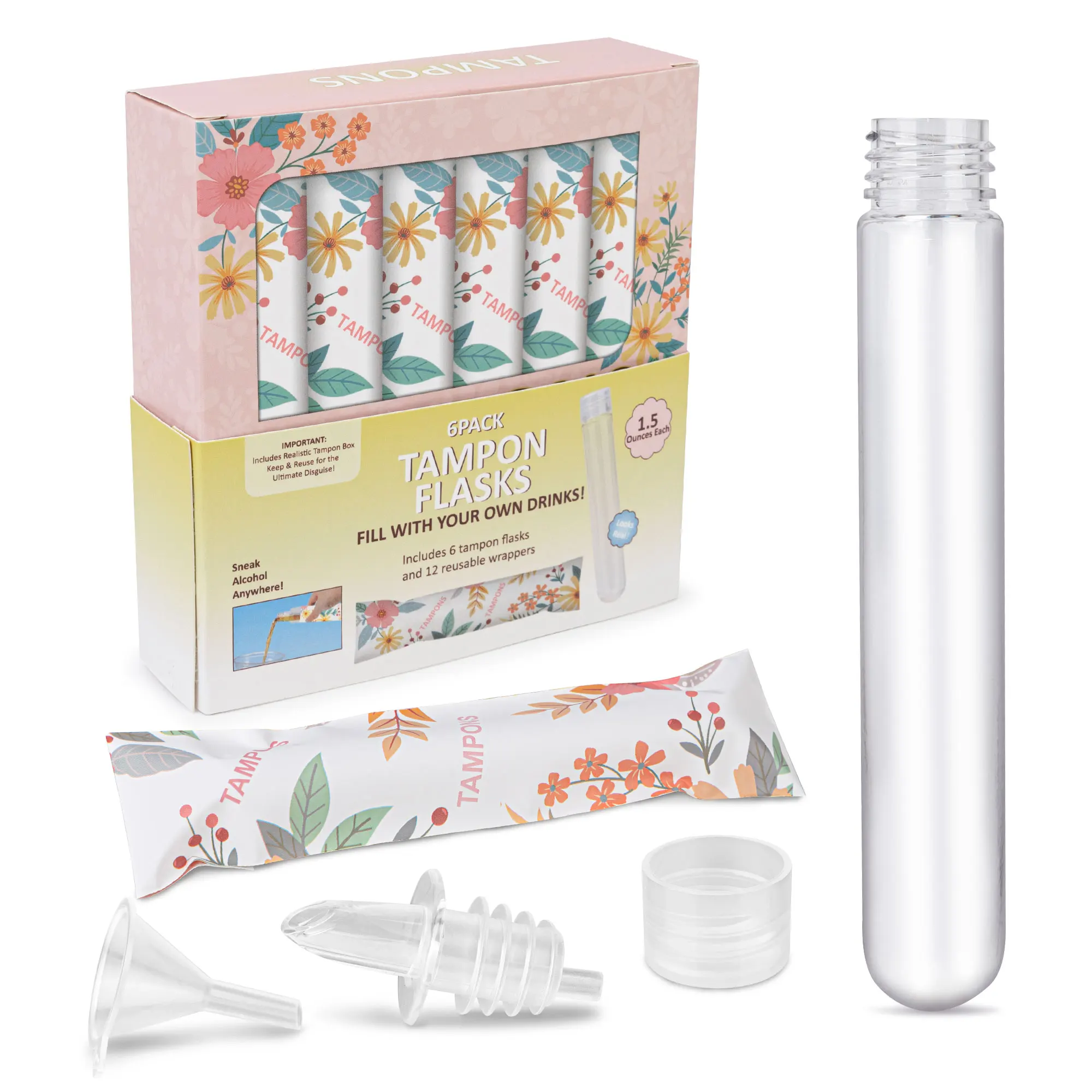 6 Pack Tampon Flasks (18 oz Total), Hidden Alcohol Flasks for Women, Secret Liquor Containers for Cruises with Funnel & Spout