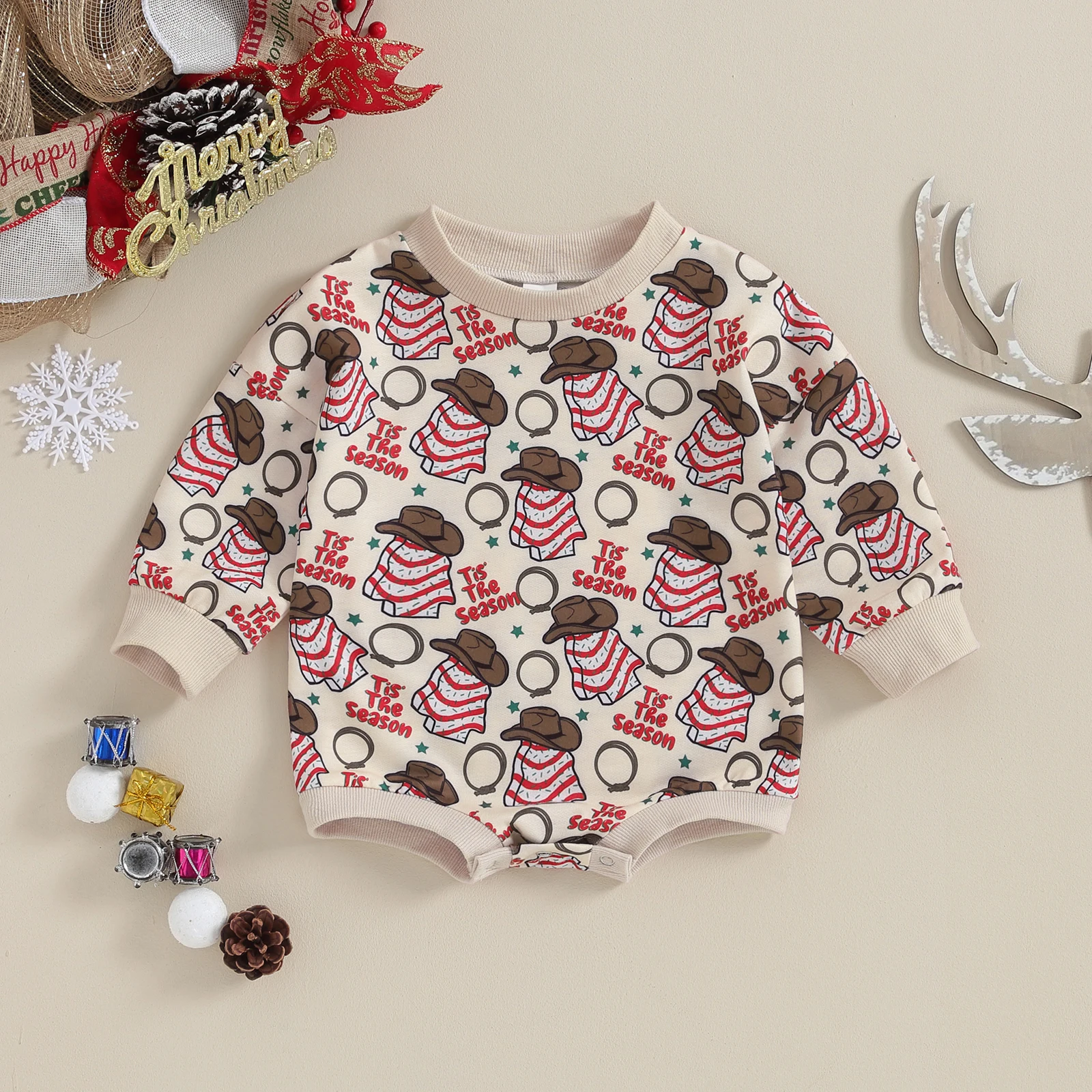 

BeQeuewll Baby Girls Christmas Sweatshirt Romper Long Sleeve Snowman/Cowgirl Hat Print Romper For 0-18 Months