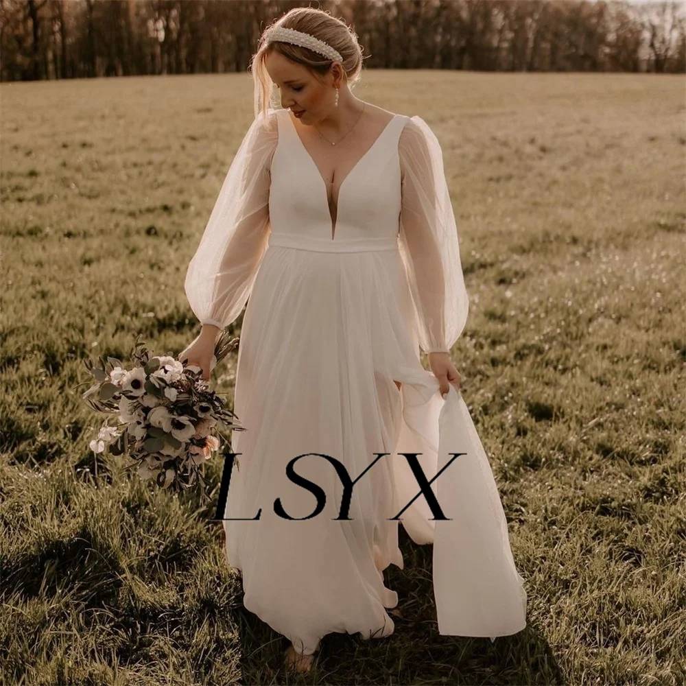 LSYX-Robe de Mariée en Mousseline de Soie, Col en V Profond, Manches sulfBouffantes, Ligne A, Dos Ouvert, Fente Latérale Haute, Robe de Patients sur Mesure