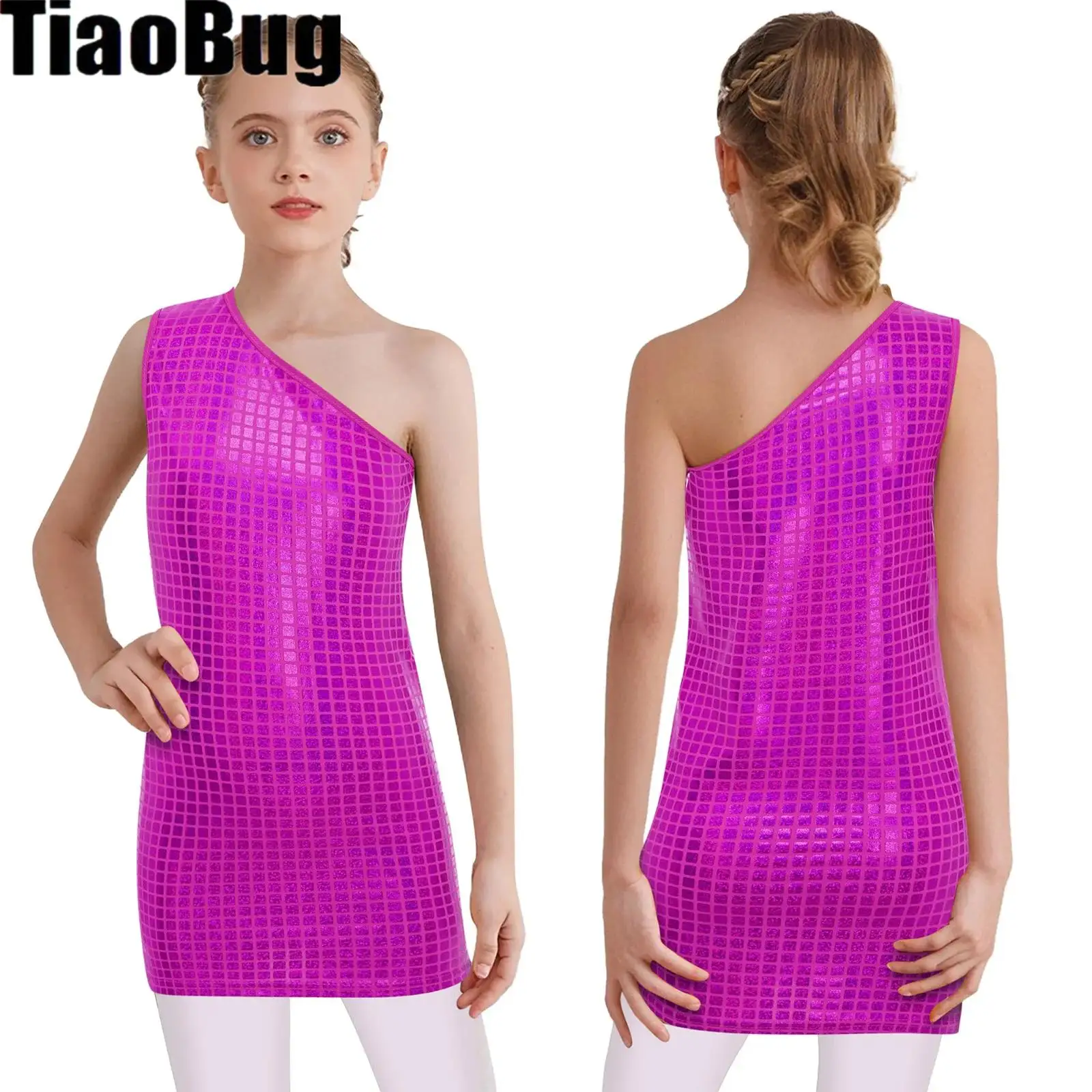 

Kids Girls Plaid Jazz Dance Dress One Shoulder Sleeveless Metallic Cheerleading Stage Performance Costume