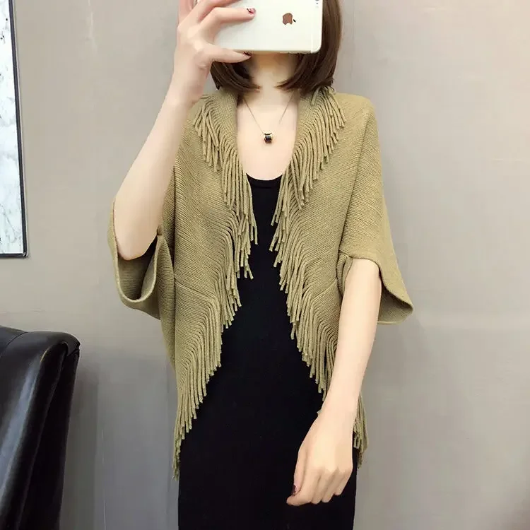 Women Spring Knit Tassels Open Stitch Lady Out Loose Coat Sweater Vest Party Scarf Over Cloth Top Shawl Cloak Cape Poncho