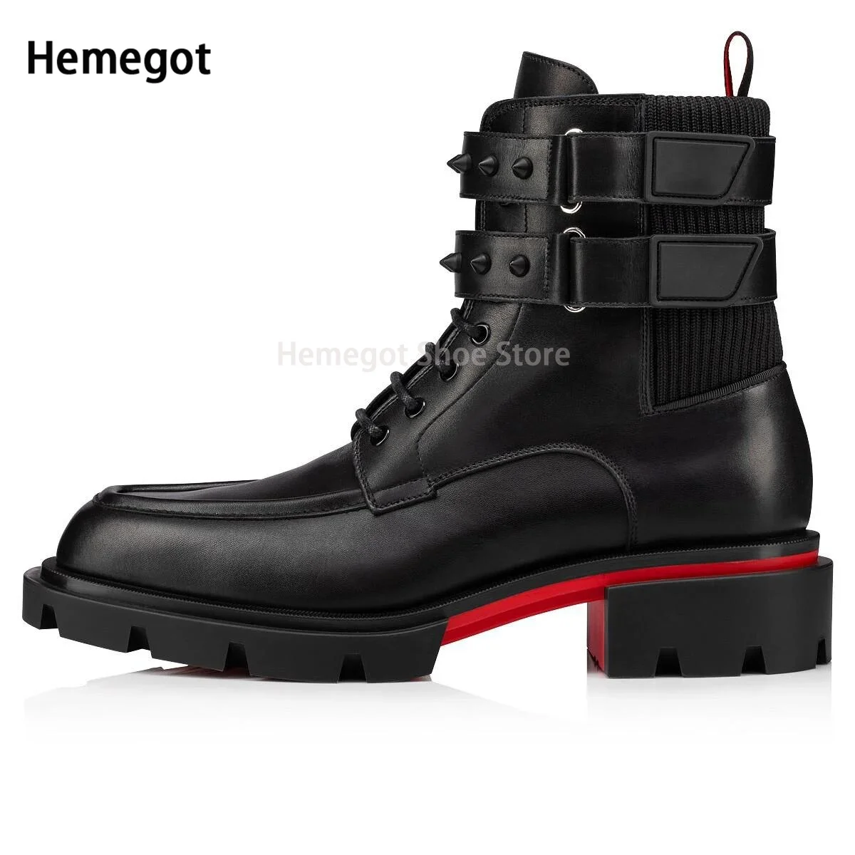 Men Black Rivet Buckle Boots Round Toe Luxury Elastic Wear-Resistant Height Increasing Shoes Winter Ankle Booties Male Shoes