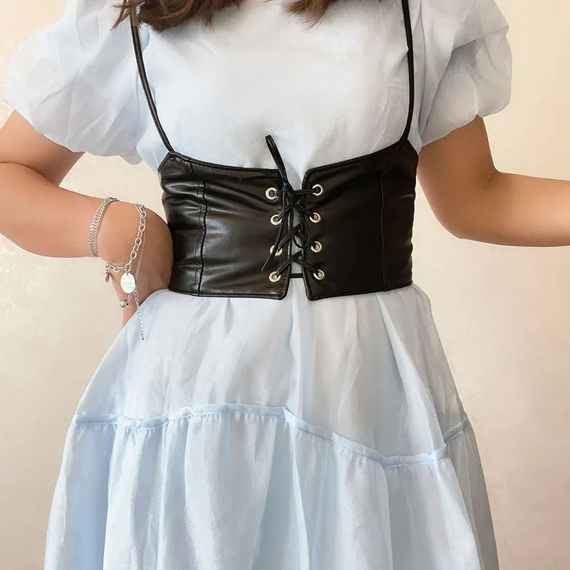 Faux Leather Decorative Corset Women PU Lace Up Cropped Tank Top Elastic Corselet Cummerbunds Waistband Bustiers Mujer