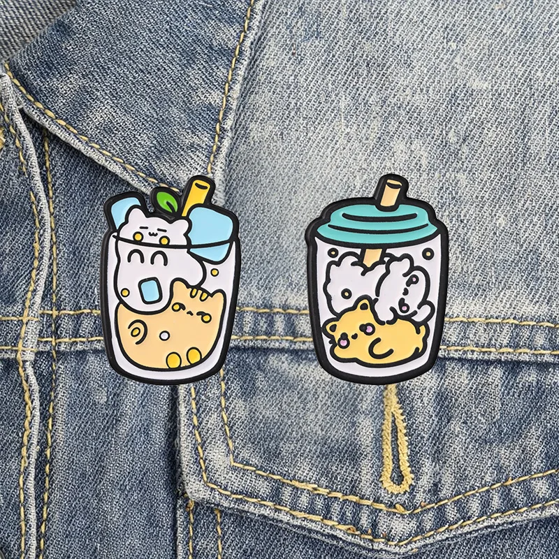 Niedliche Bubble-Tea-Tier-Emaille-Anstecker, Kawaii-Cartoon-Getränkebecher-Pins, wilde Haustier-Charakter-Broschen, Reversnadel-Set, Geschenk für Freunde – Detail 6
