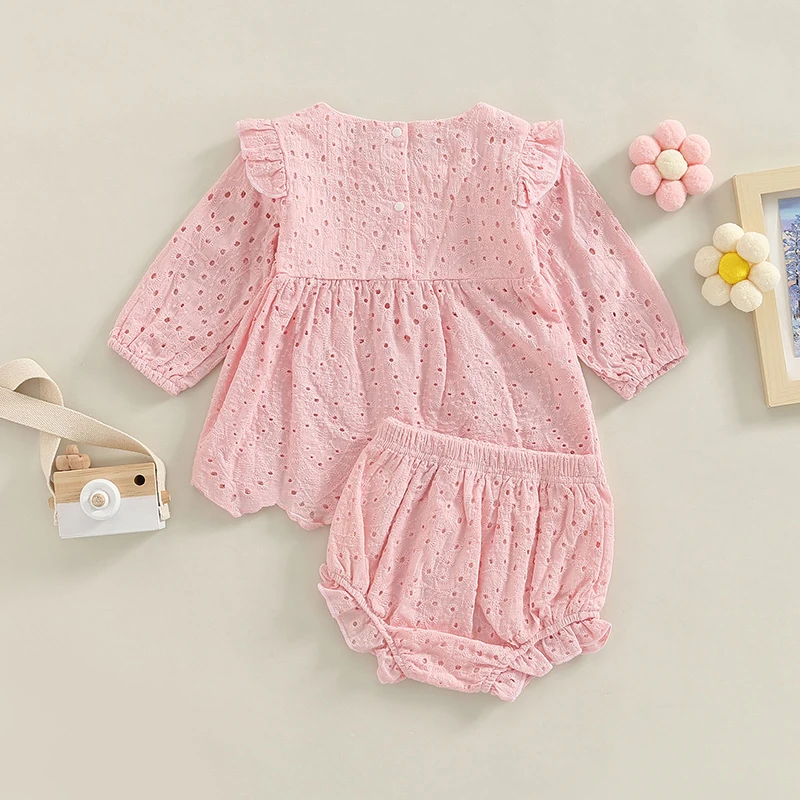 Toddler Baby Girl Clothes Set Solid Color Cutout Round Neck Long Sleeve Dress Tops+Elastic Casual Ruffle Shorts Sunsuits Outfits