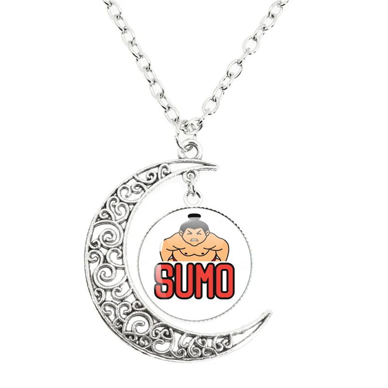 Japanese I Love Wrestling Sumo Players Cartoon Character Moon Necklace Dome Glass Pendant For Fans Gift Jewelry