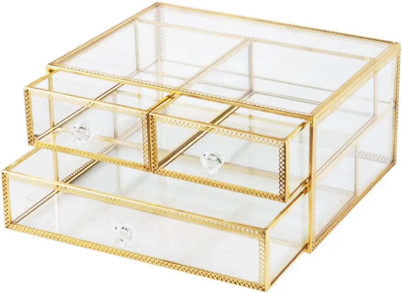 

Винтажный золотой стеклянный органайзер для украшений с золотым кружевом, 2-уровневая настольная подставка для хранения косметики и памятных вещей