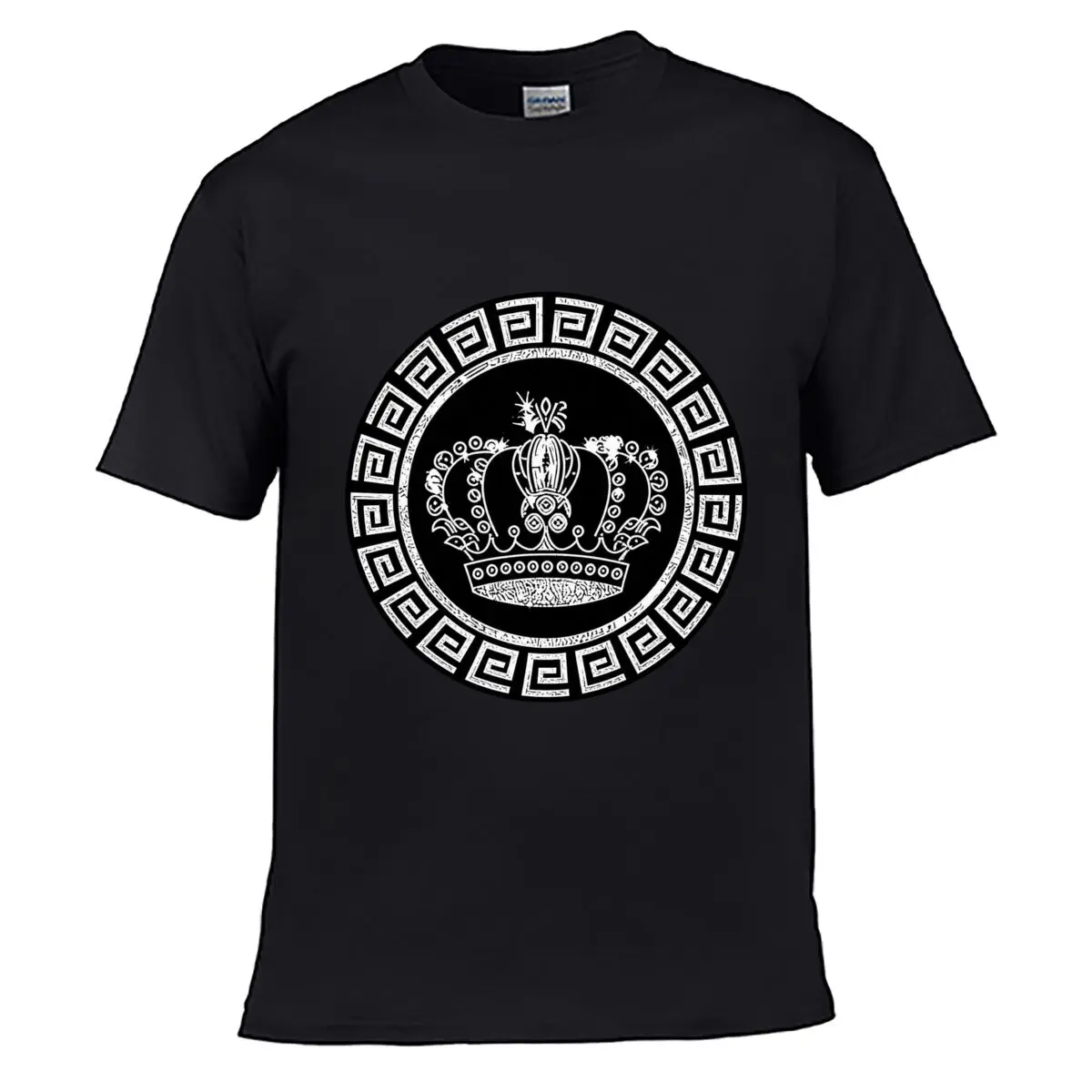 Ornate Royal Crown Greek Key Medallion Emblem Graphic Street Loose Simple Tee