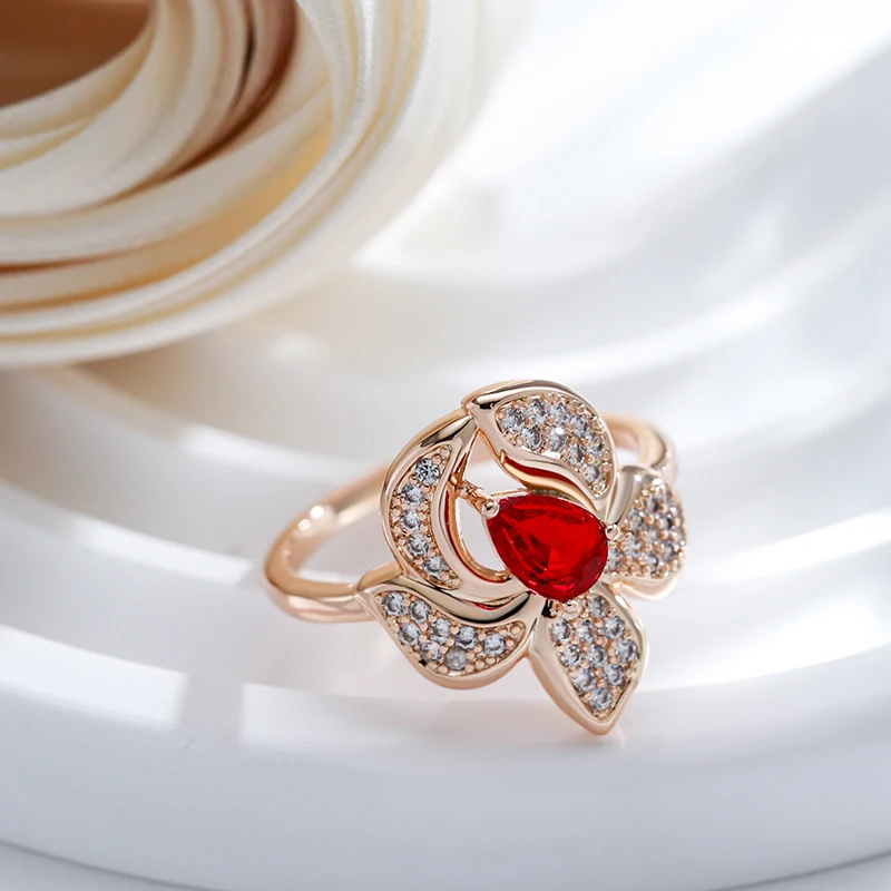 Kinel Luxury Red Natural Zircon Flower Big Ring for Women Fashion 585 Rose Gold Color Vintage Wedding Bride Fine Daily Jewelry